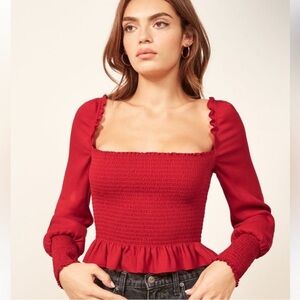 REFORMATION Francis Red Smocked Long Sleeve Square Neck Top